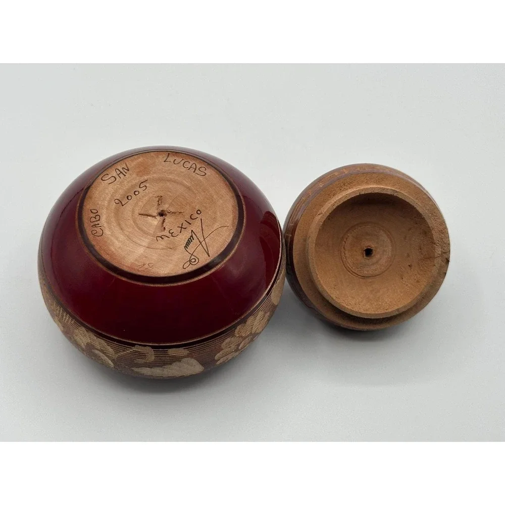 Vintage Mexican Hand Carved Red Wooden Round Trinket Box Cabo San Lucas